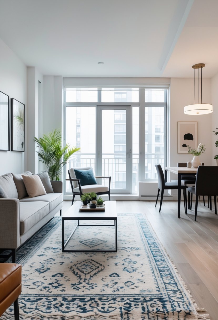 A one-bedroom apartment interior with area rugs defining separate living and dining zones.