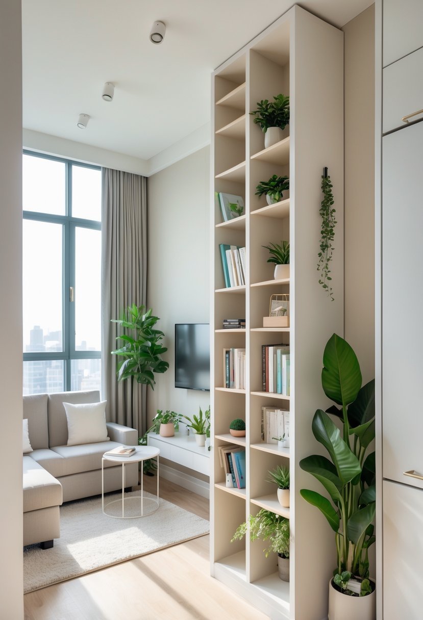 A one-bedroom apartment interior featuring tall vertical storage units filled with books and plants next to a sofa and coffee table.