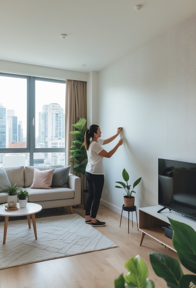 Person applying removable wallpaper on a wall in a one-bedroom apartment living room with modern furniture and plants.
