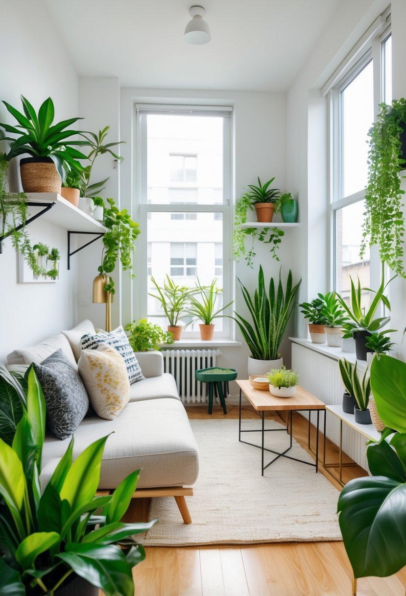 A one-bedroom apartment living area with a sofa, coffee table, and several low-maintenance green plants near windows and on shelves.