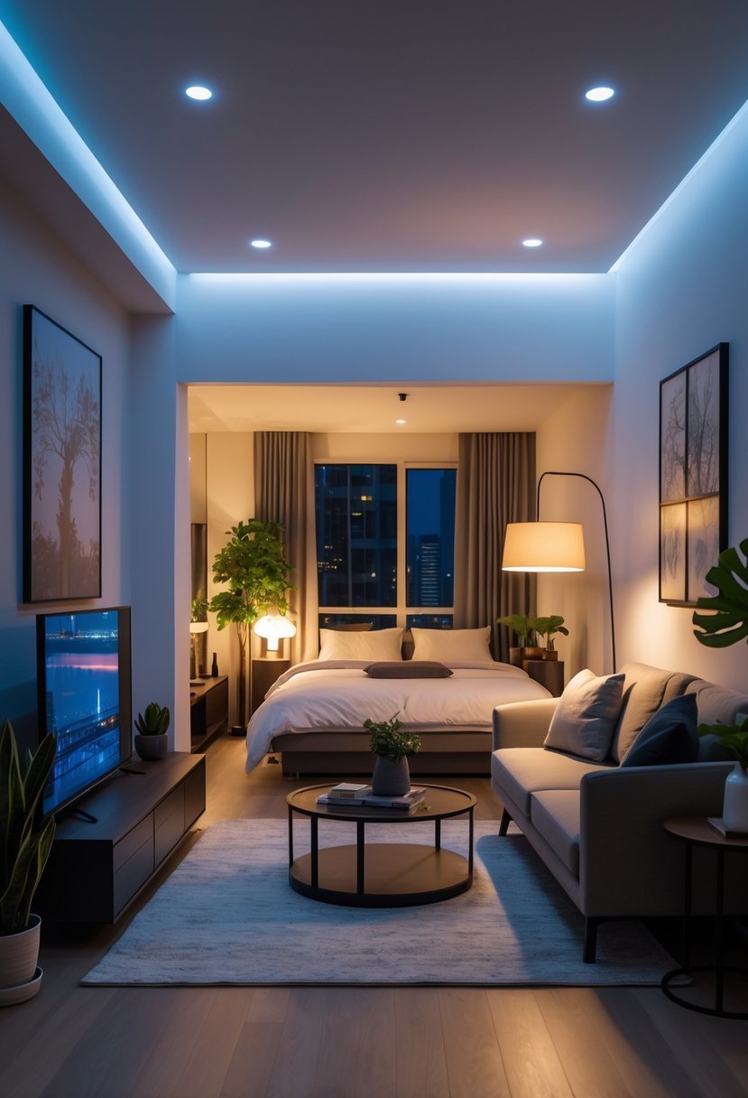 A well-lit 1-bedroom apartment interior with a sofa, coffee table, reading chair, bed, and various light sources creating a cozy and inviting atmosphere.