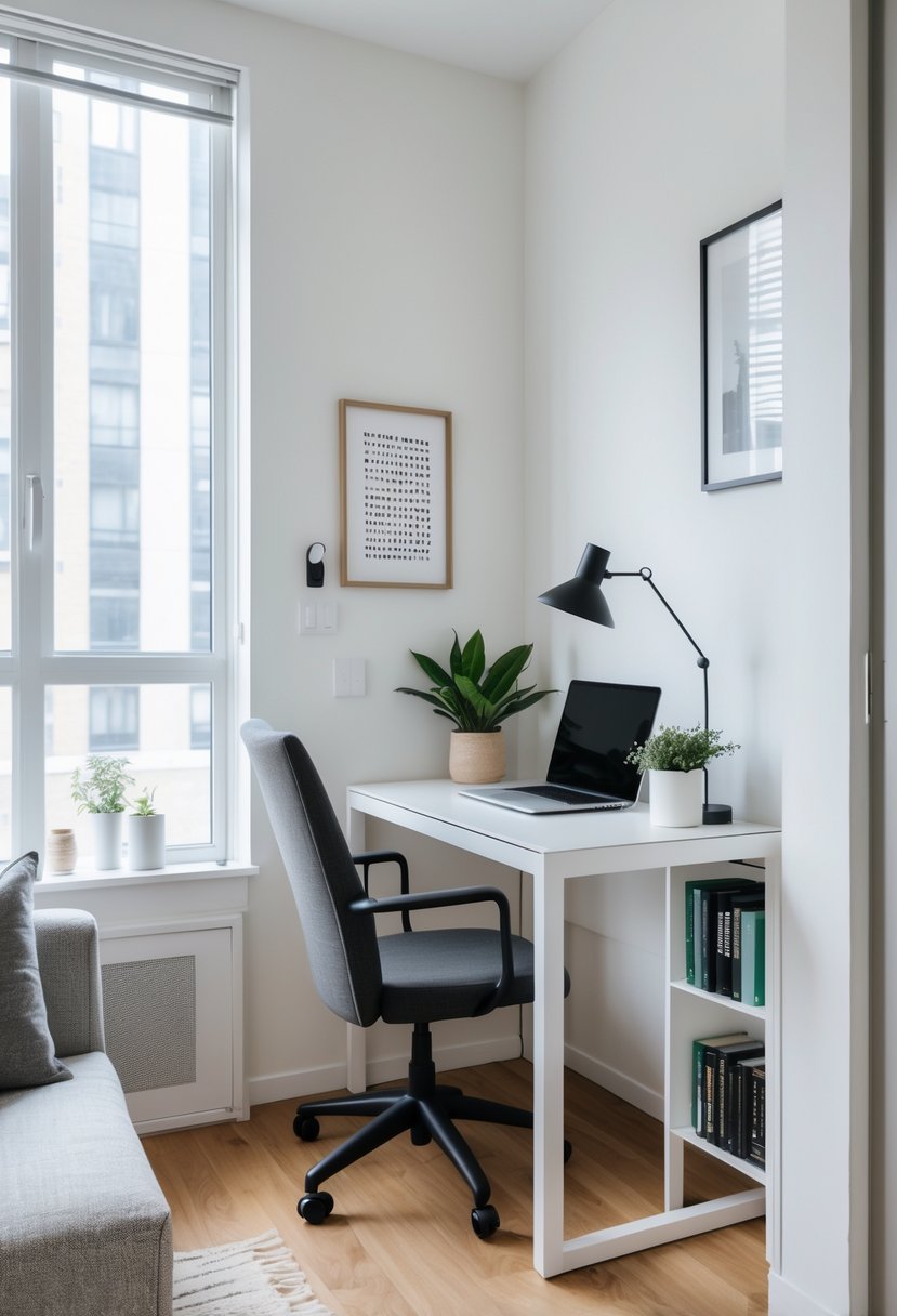 A compact workspace with a small desk, chair, laptop, and plant in a bright corner of a one-bedroom apartment.