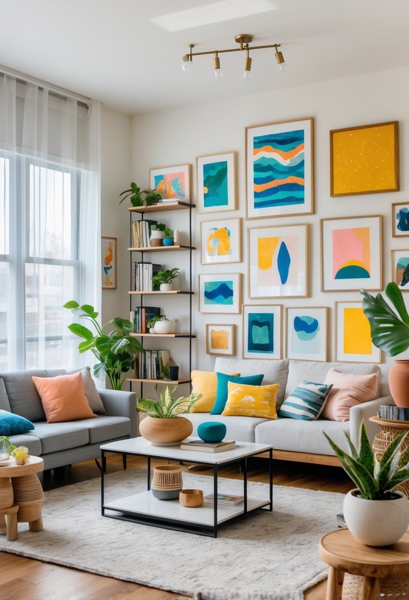 A one-bedroom apartment living room with personal artwork on the walls, a sofa, coffee table, shelves with books and plants, and natural light coming through windows.