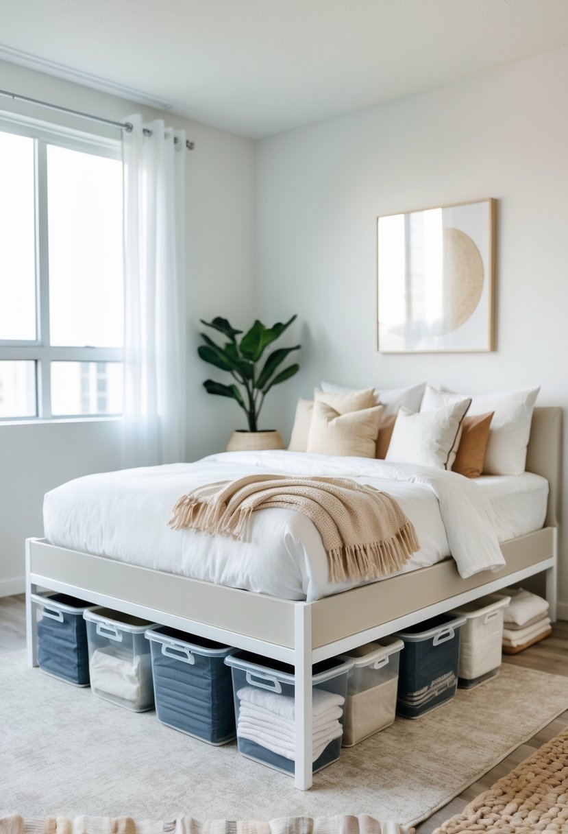 A clean and organized bedroom with under-bed storage containers neatly arranged beneath the bed.