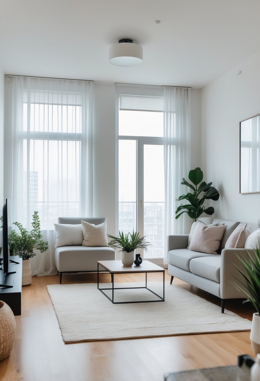 A bright one-bedroom apartment living room with large windows and minimal window coverings letting in natural light, furnished with a sofa, coffee table, and plants.
