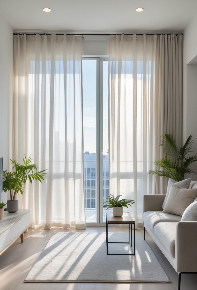 A one-bedroom apartment living room with sheer curtains, natural sunlight, a sofa, coffee table, and plants.