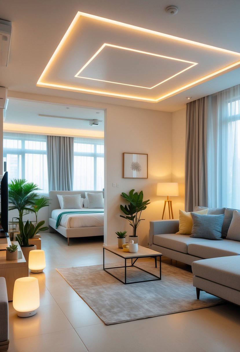 A modern one-bedroom apartment interior with smart lighting illuminating the living and bedroom areas.