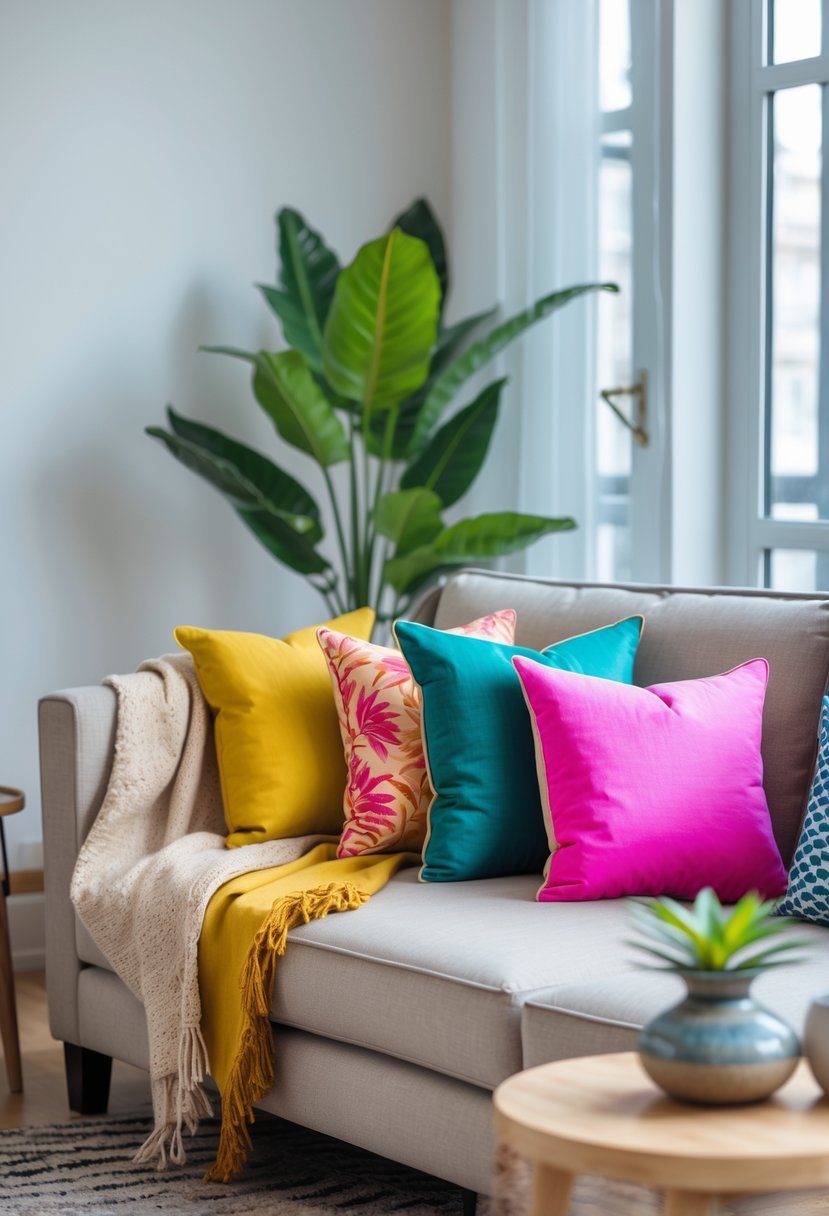 A living room corner with a sofa decorated with colorful cushions and a throw blanket, next to a coffee table and a green plant by a window.