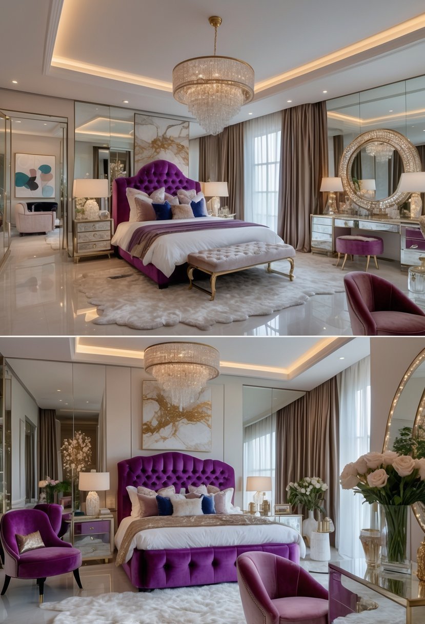 A spacious bedroom with a large bed, elegant lighting, decorative pillows, mirrored furniture, and various stylish decor elements arranged throughout the room.