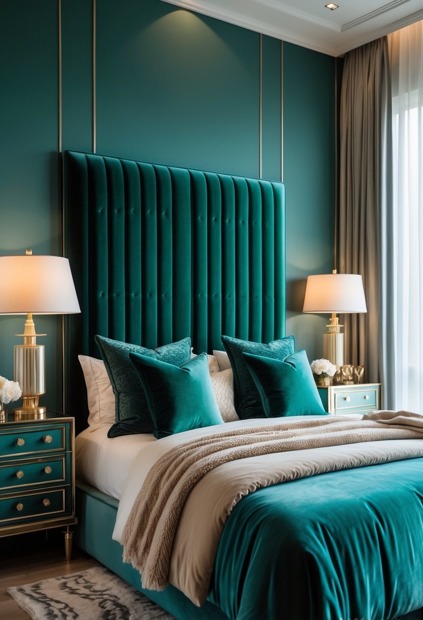 A bedroom with a large velvet upholstered headboard, a neatly made bed, bedside lamps, and decorative accessories.