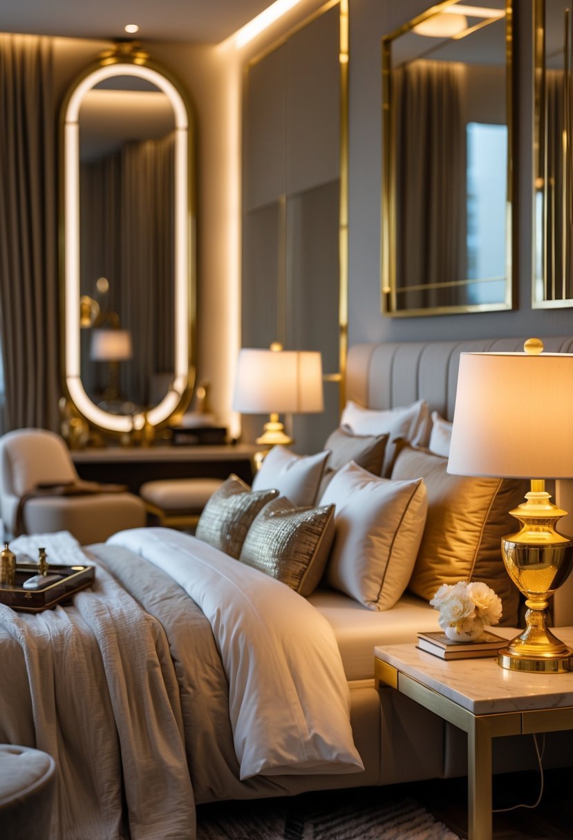 A bedroom with gold accent lighting fixtures, a neatly made bed, and warm ambient lighting creating a cozy atmosphere.