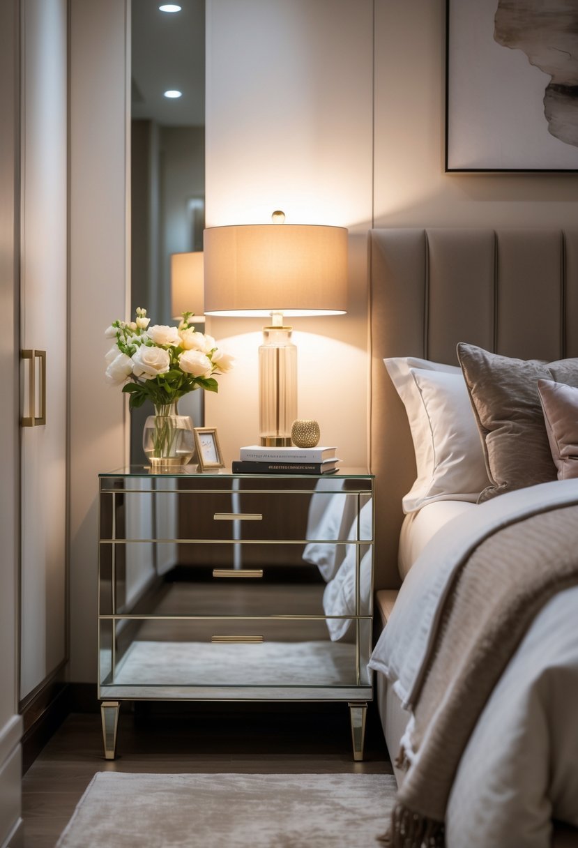 A bedroom with a modern bed flanked by two mirrored nightstands topped with lamps, flowers, and books.