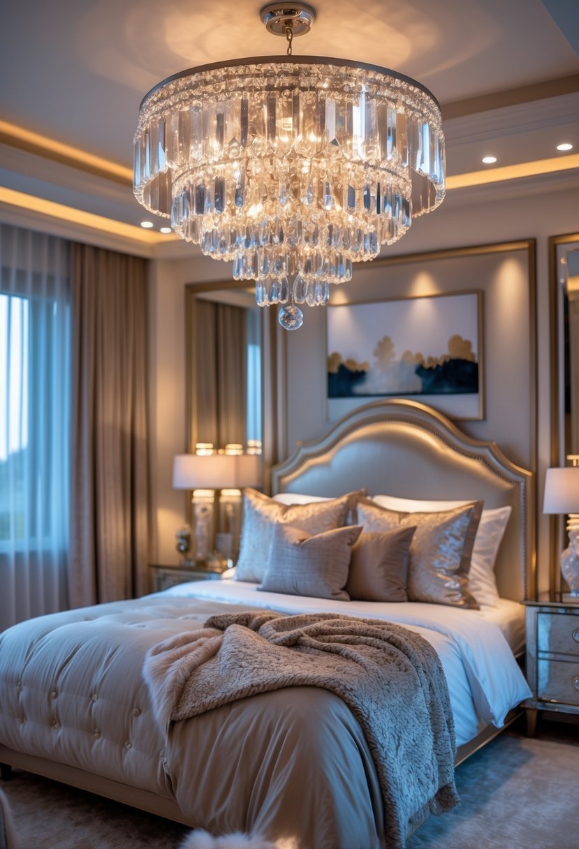 A bedroom with a sparkling crystal chandelier hanging from the ceiling above a neatly made bed with decorative pillows and soft lighting.