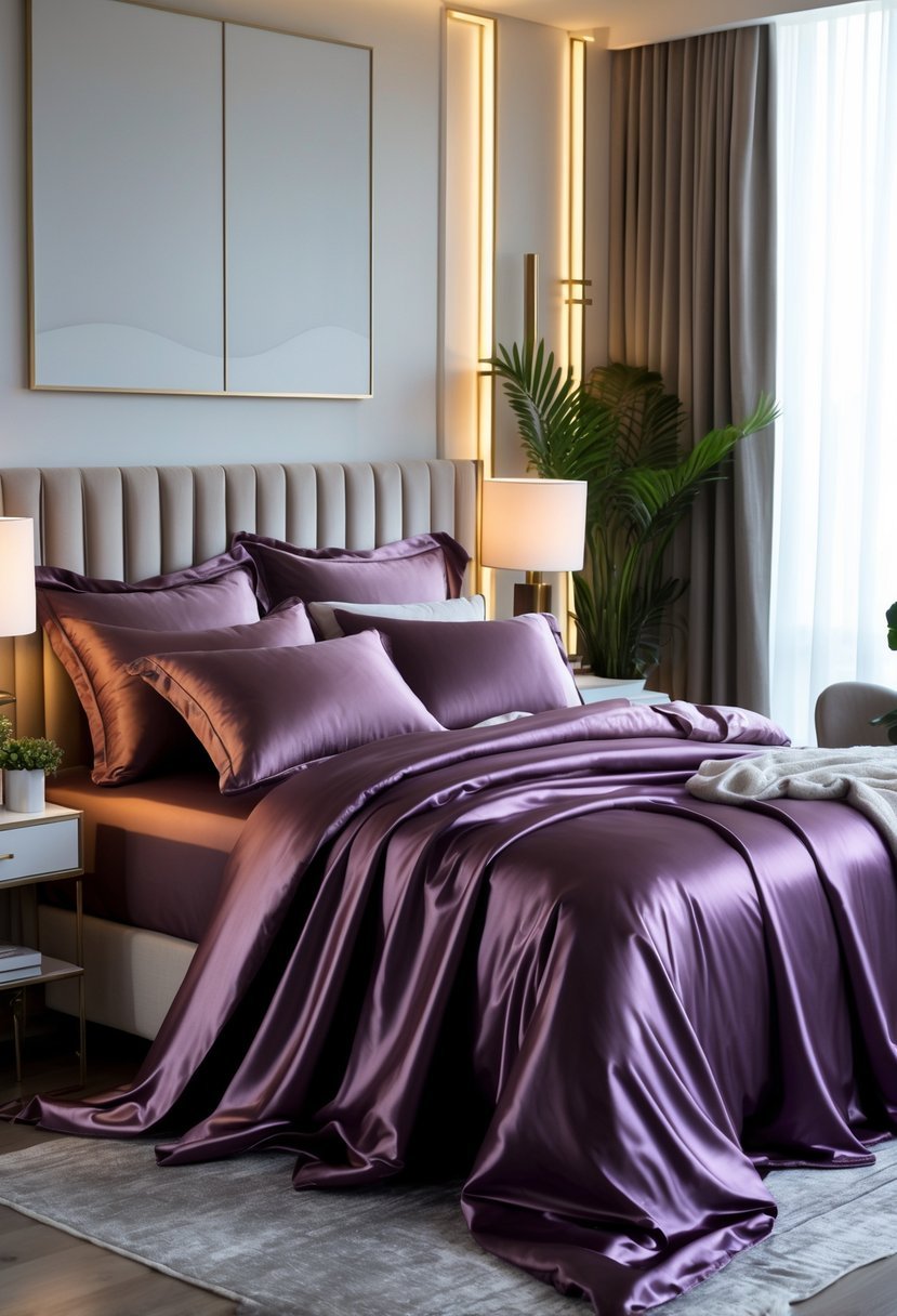 A neatly made bed with shiny satin sheets and pillows in a well-lit bedroom with elegant decor.