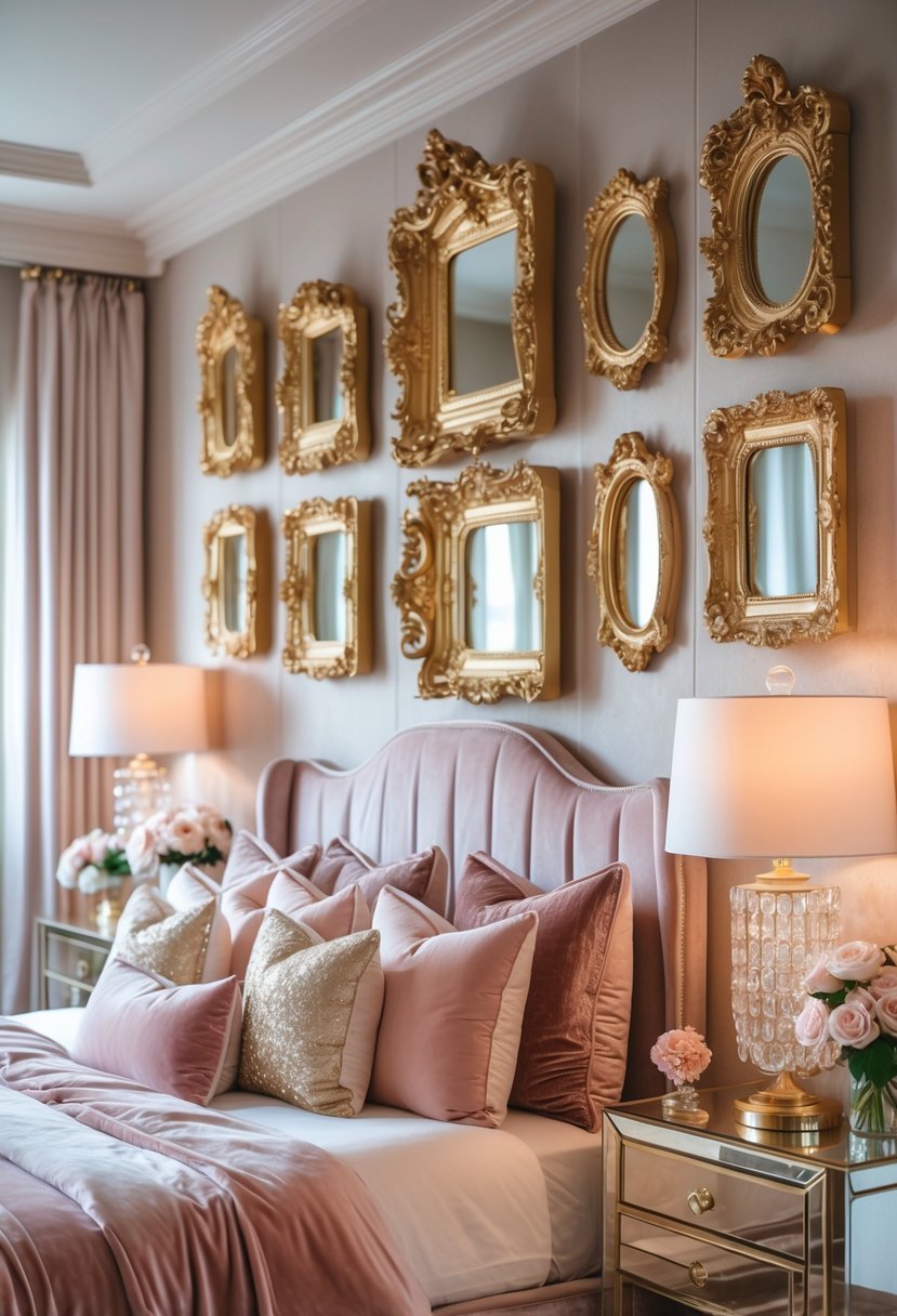 A bedroom with a bed under a wall decorated with ornate gold picture frames and elegant decor.