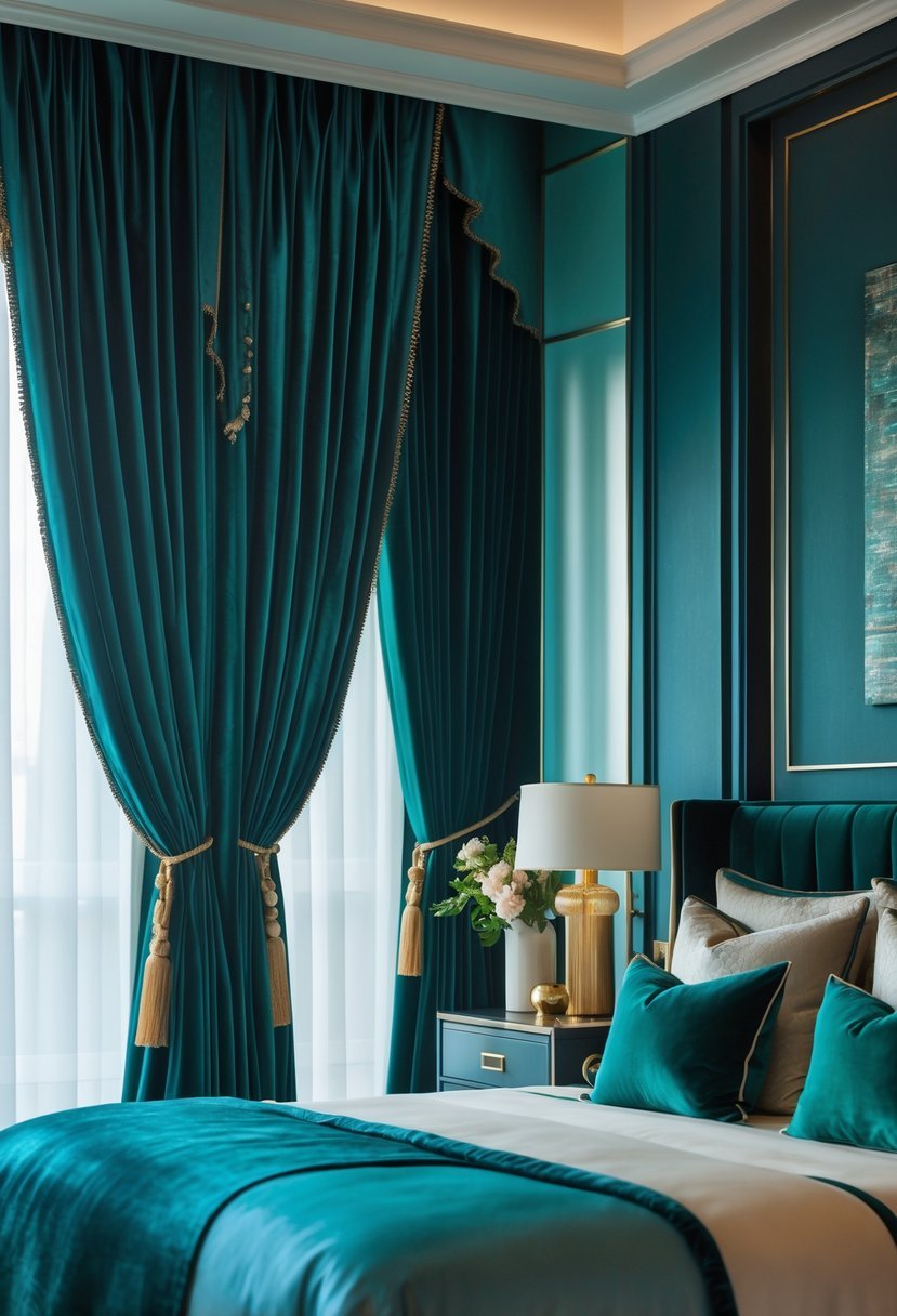 A bedroom with deep blue and green curtains, a neatly made bed with decorative pillows, bedside lamps, and elegant decor.