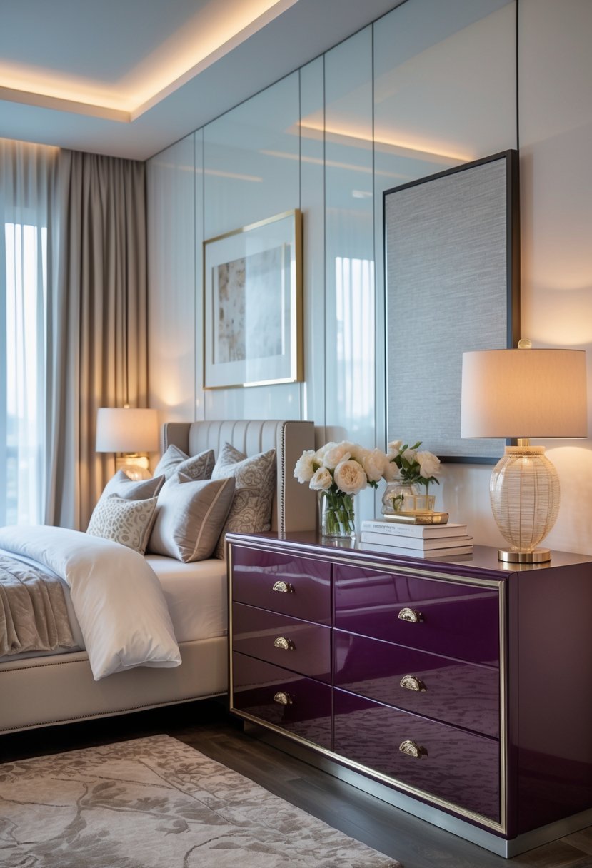 A bedroom with a glossy lacquer dresser, plush bedding, bedside lamps, and soft natural light coming through curtains.