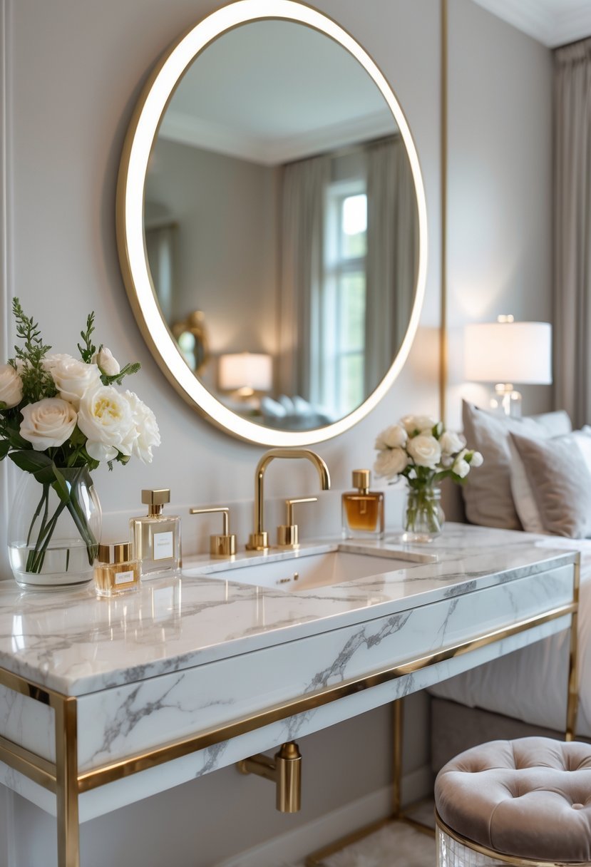A bedroom scene featuring a marble top vanity with a round mirror, decorative items, and a cushioned stool.