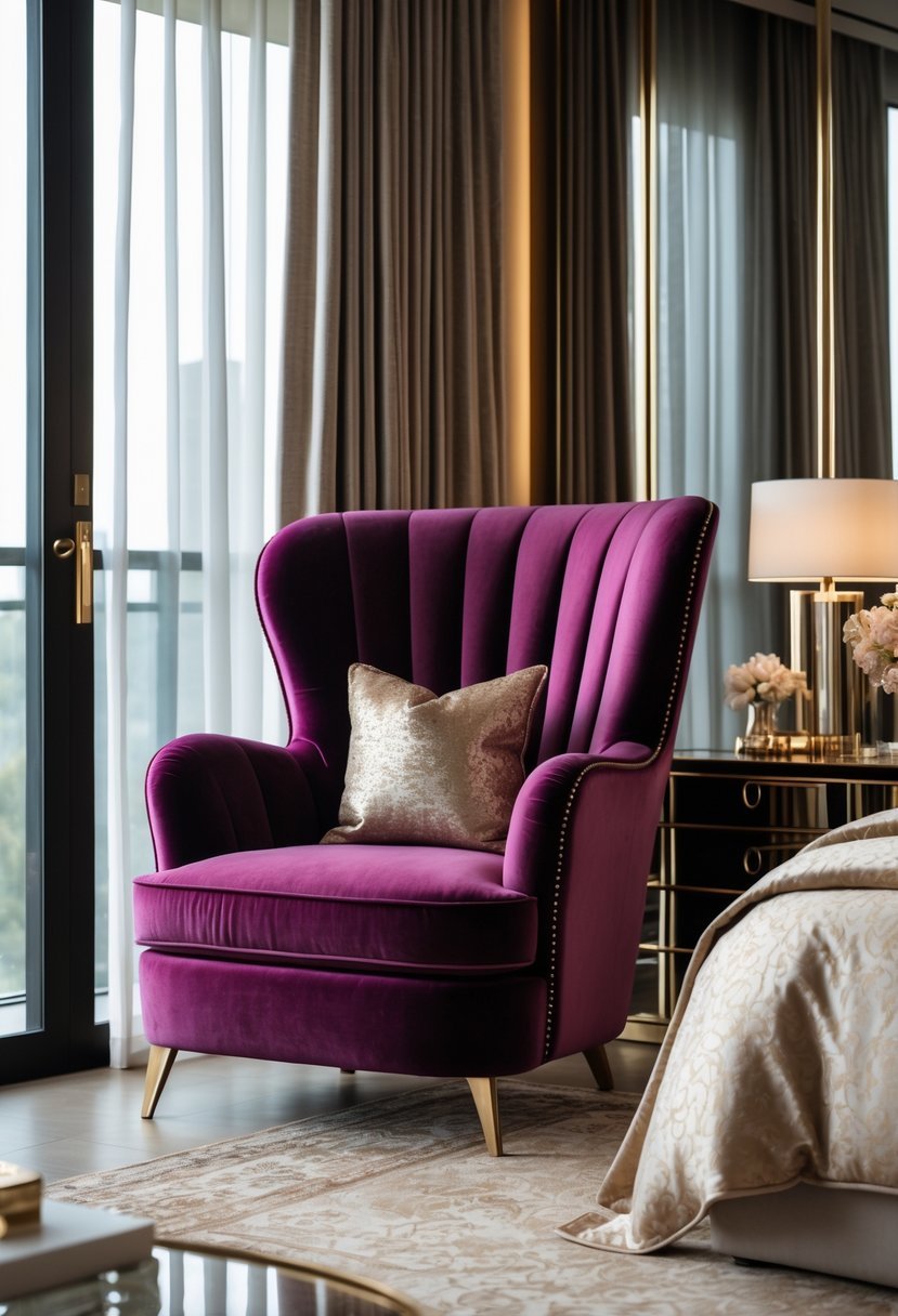 A bedroom with a velvet armchair near a window, surrounded by elegant furniture and decor.