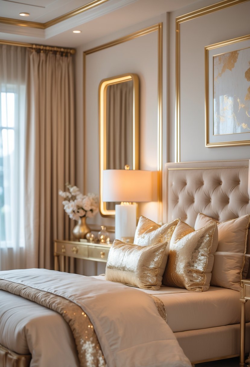 A bedroom with neutral-colored walls and gold trim, featuring a bed with layered bedding, bedside tables with lamps, and decorative accents.