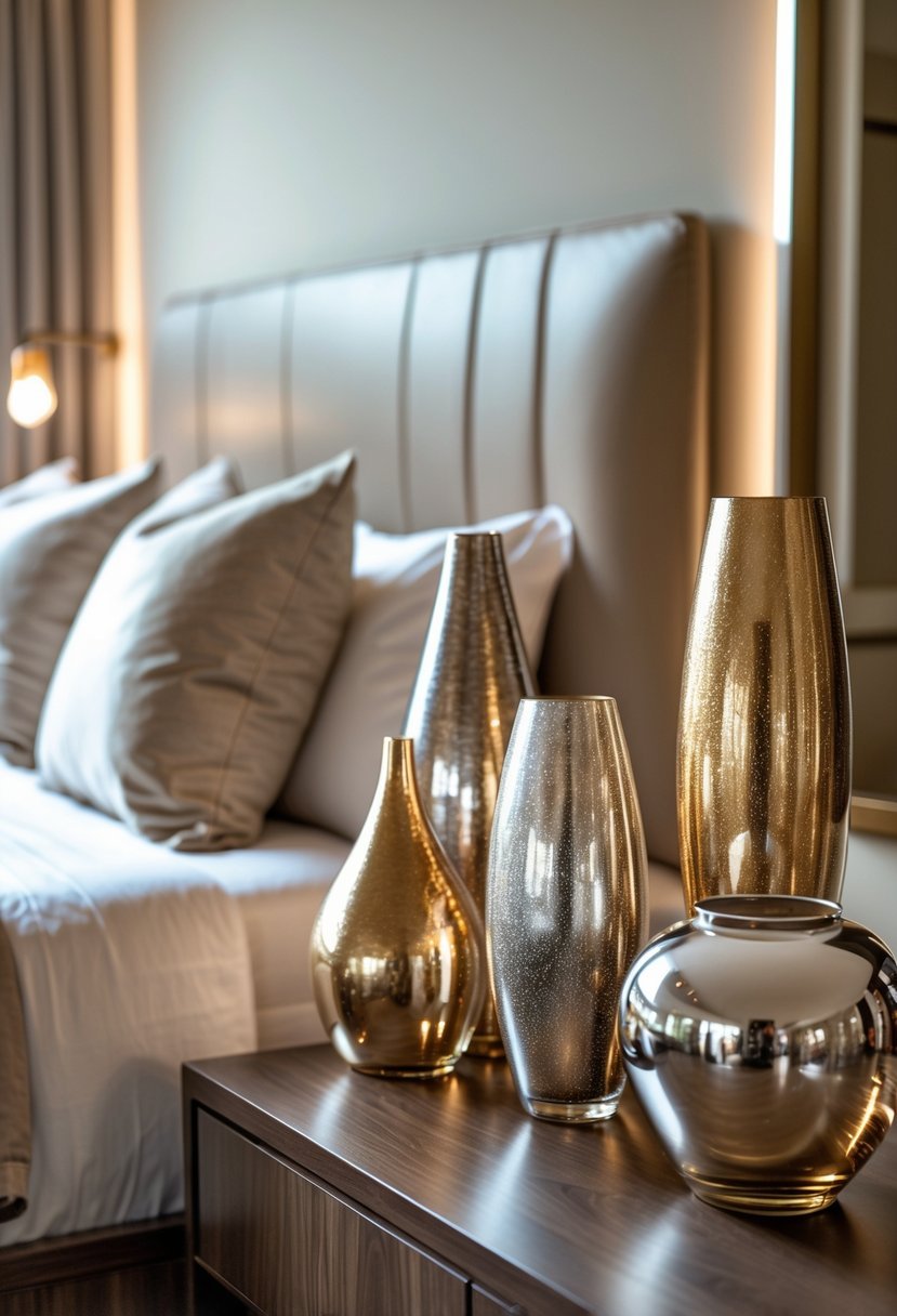 A bedroom scene with decorative glass vases with metallic finishes displayed on a wooden bedside table next to a neatly made bed.