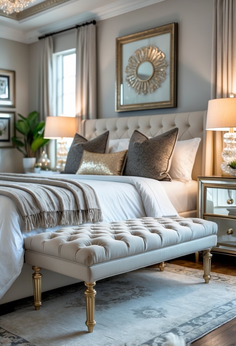 A bedroom with a tufted bench at the foot of the bed surrounded by stylish decor and soft lighting.