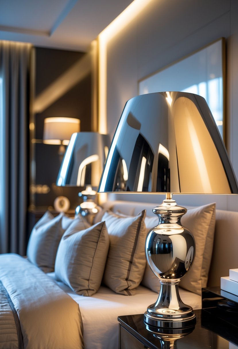 A bedroom with a neatly made bed and two shiny chrome lamps on bedside tables emitting warm light.