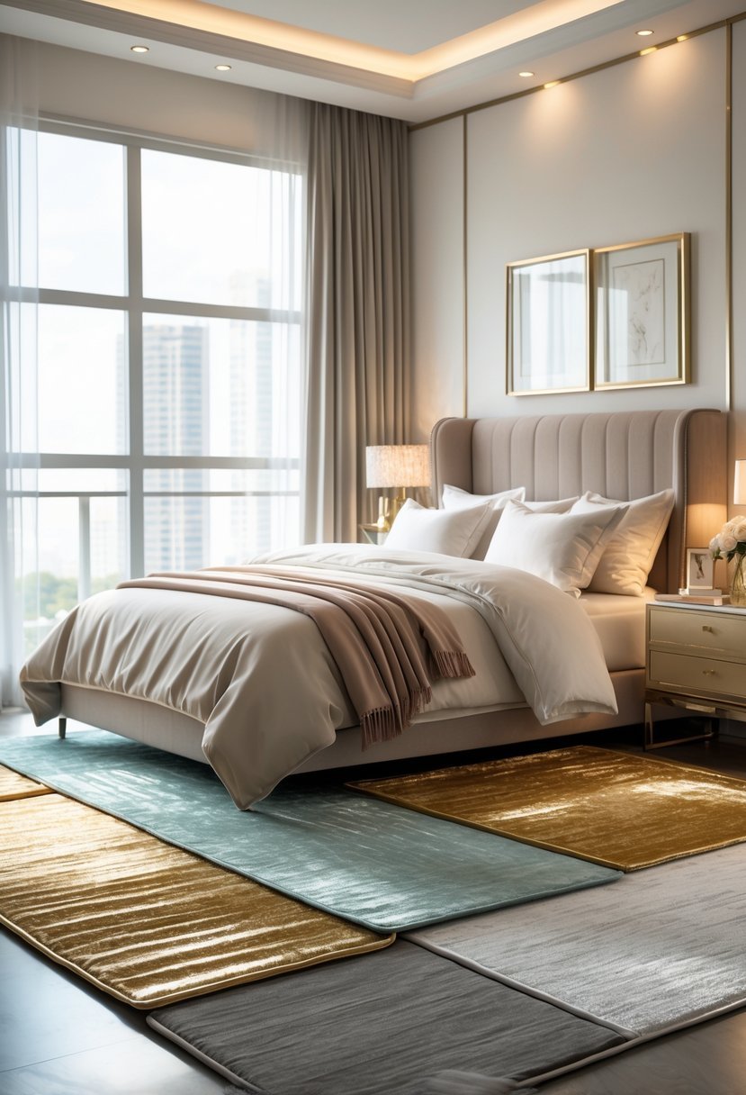 A bedroom with a bed on layered area rugs, a nightstand with a lamp, and natural light coming through windows.