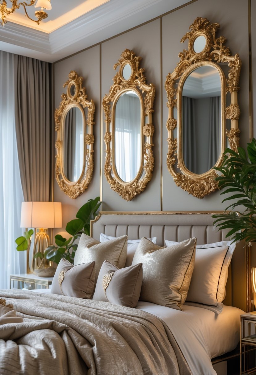 A bedroom with gold-framed mirrors on the walls, a bed with decorative pillows, a bedside table with a lamp, and plants near a window with sheer curtains.