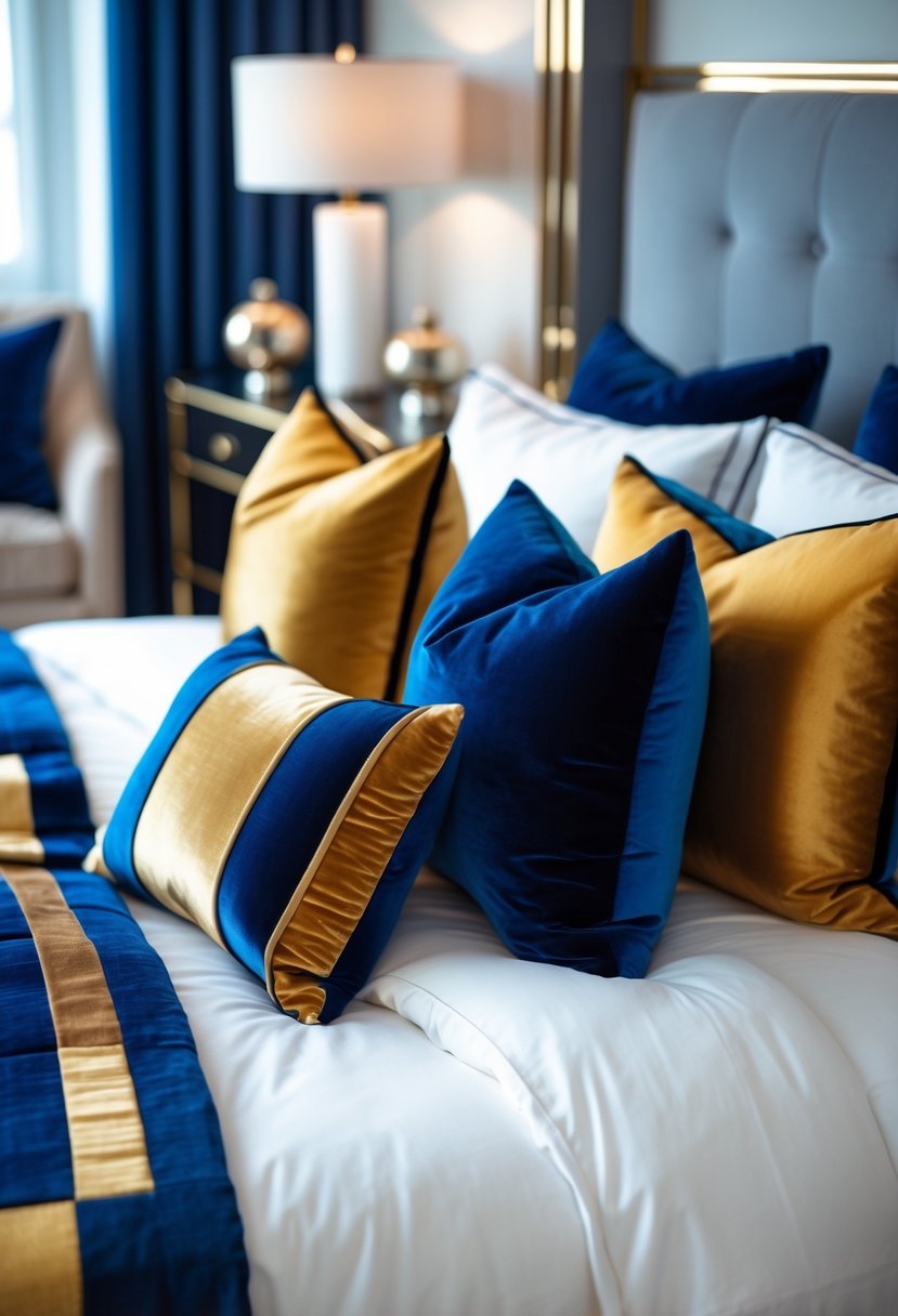 A bedroom with a bed featuring colorful geometric throw pillows and a nightstand with a lamp.