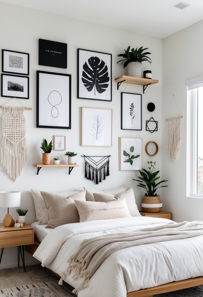 A bedroom with a bed and various types of wall decorations including framed art, mirrors, shelves with plants, and hanging ornaments.