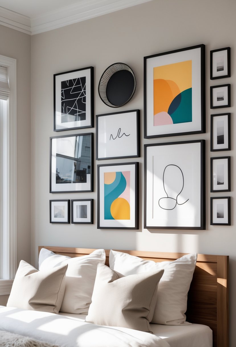 A bedroom wall decorated with a variety of framed photos and art arranged in a gallery style above a bed.