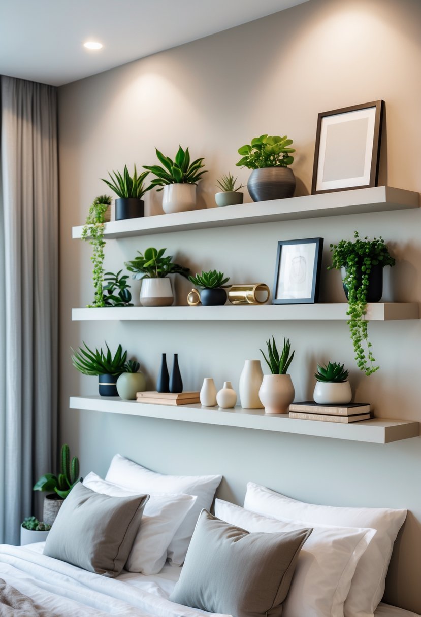 Floating shelves on a bedroom wall displaying plants and decorative items.