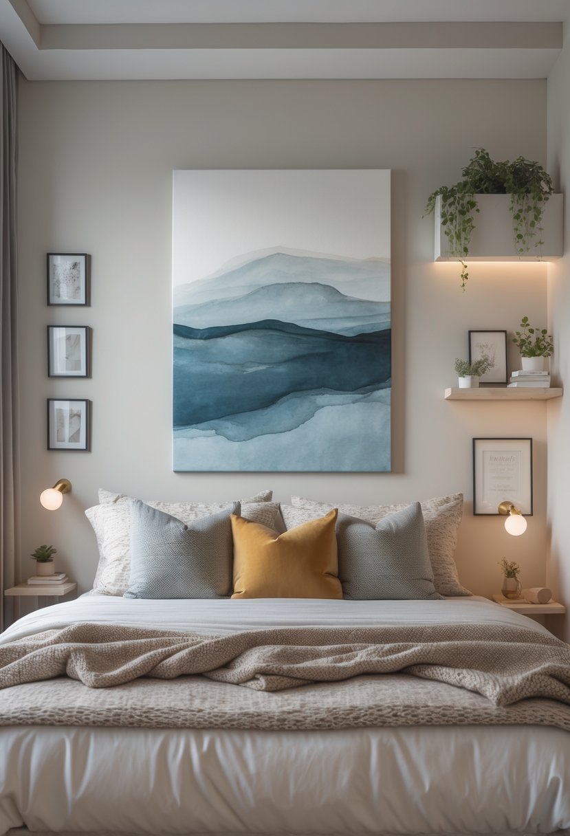 A modern bedroom with a large canvas artwork above the bed and various wall decorations around it.