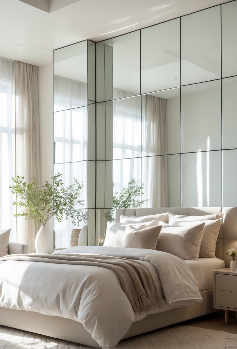 Bright bedroom with mirrored wall panels reflecting natural light behind a neatly made bed and simple decor.