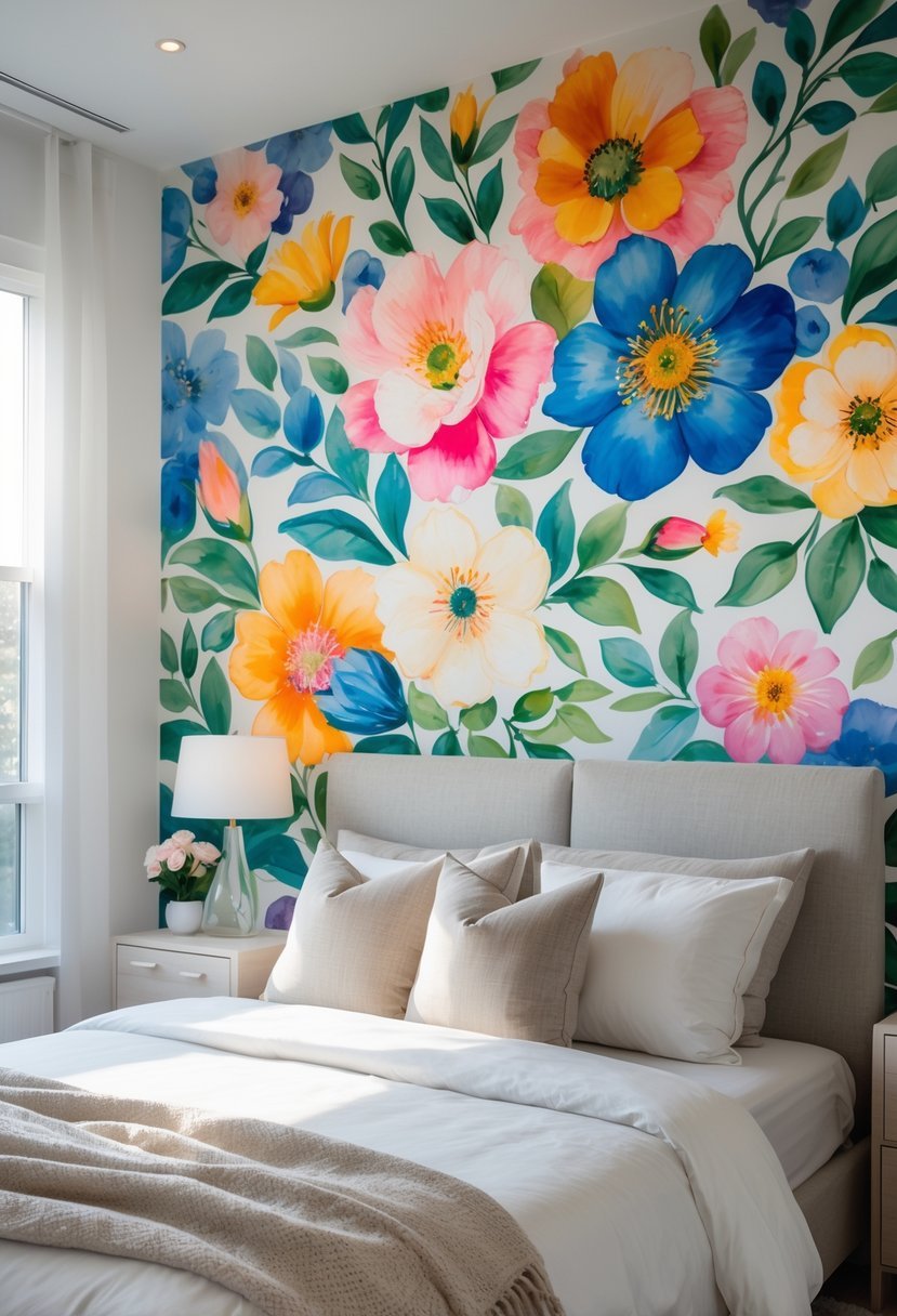 A bedroom with a large floral mural painted on one wall, featuring a bed and bedside table in soft natural light.