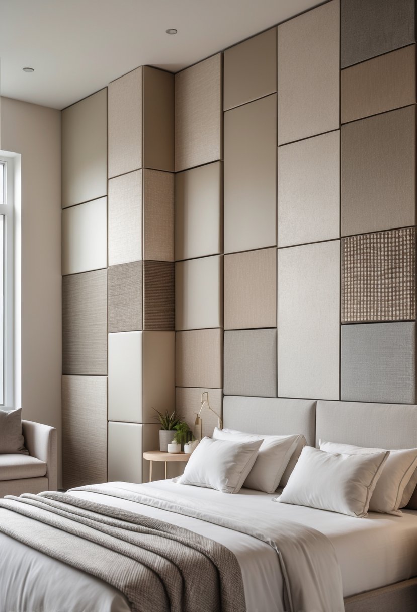 A bedroom with textured neutral-toned wall panels behind a neatly made bed and soft natural light.