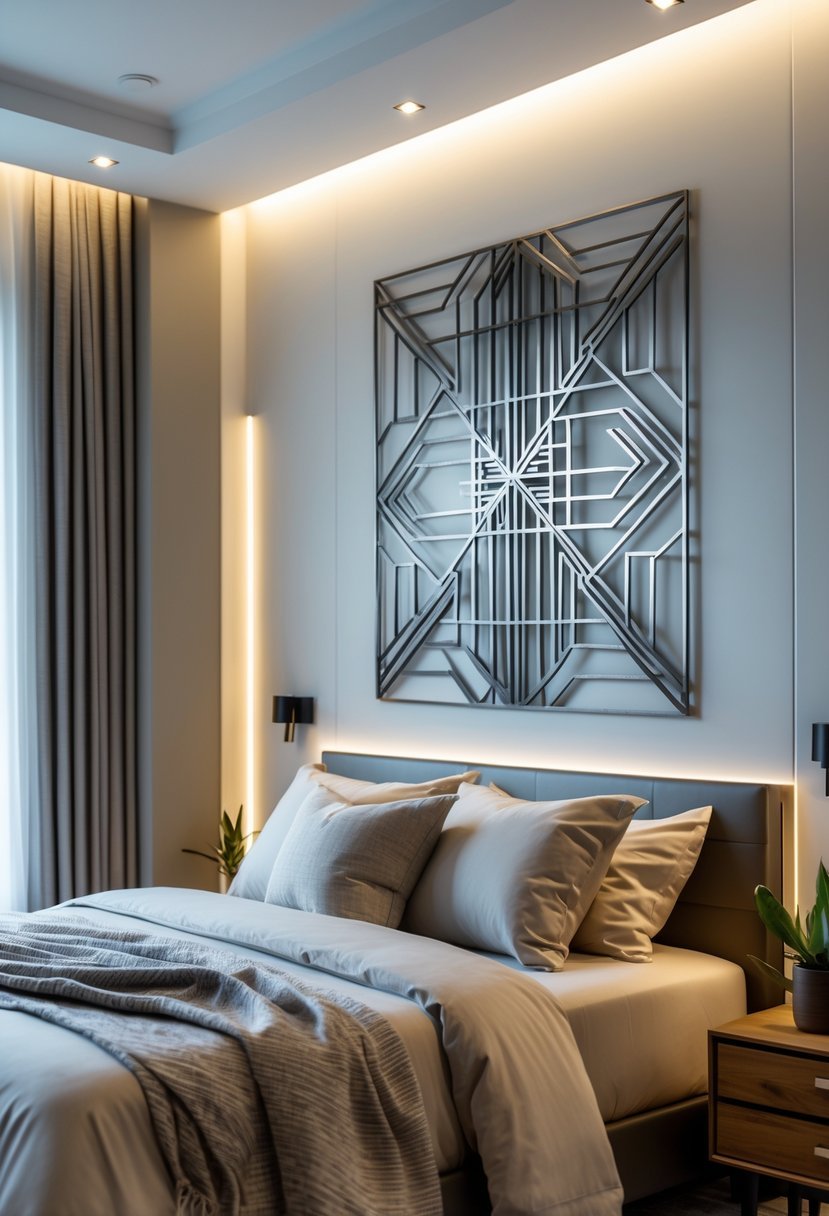 A bedroom with a bed and metal wall art featuring geometric patterns hanging above it.