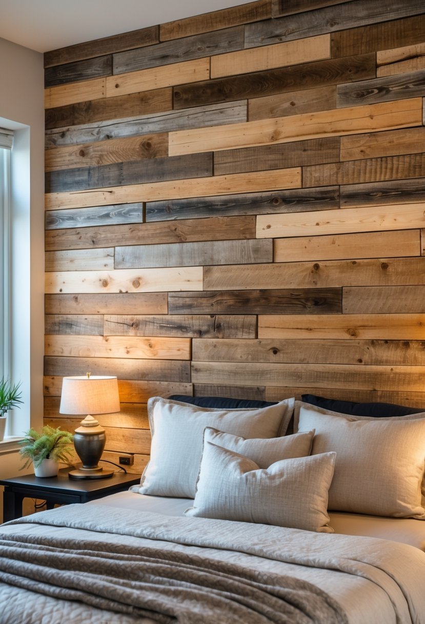 Bedroom with a bed in front of a wooden accent wall made of reclaimed planks, featuring simple decor and soft lighting.