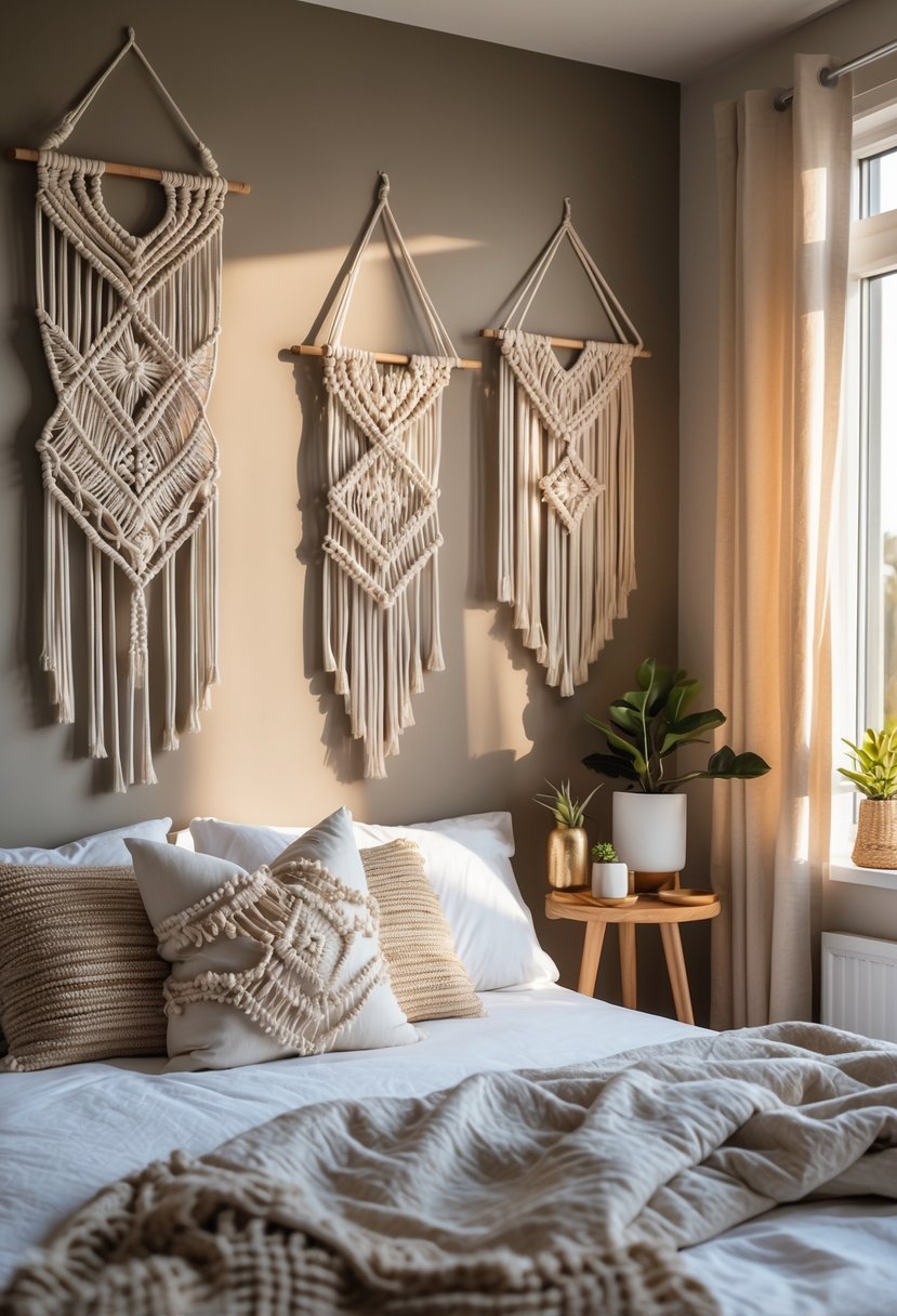 A bedroom with a bed, pillows, wooden furniture, and several decorative wall hangings displayed on the wall.
