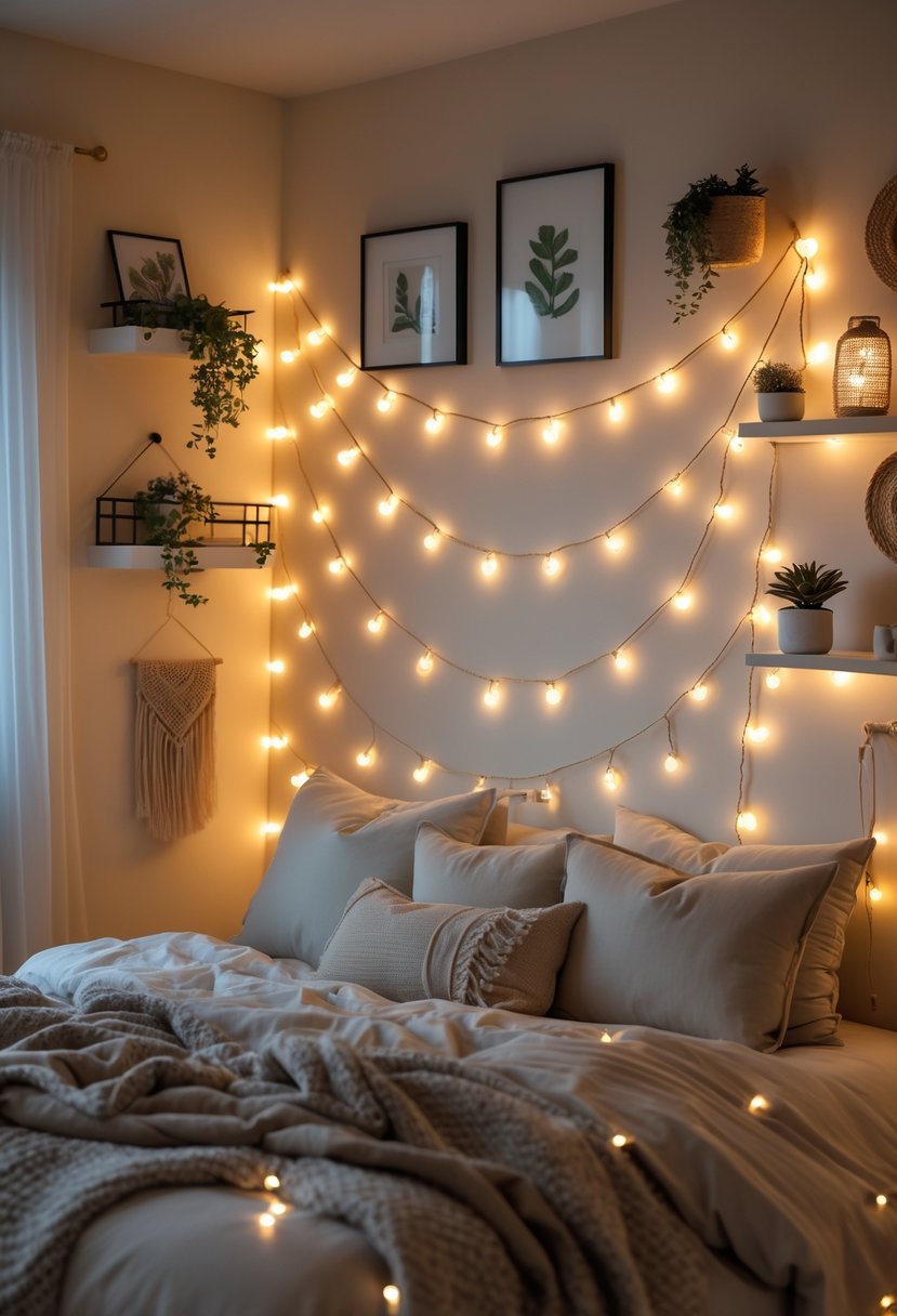 A cozy bedroom with string lights creatively draped on the walls and various wall decorations around a neatly made bed.