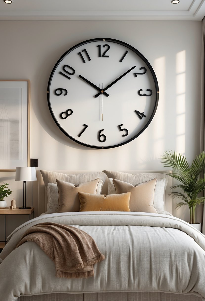 A bedroom with a large wall clock above the bed, featuring a neatly made bed and bedside table with a lamp.
