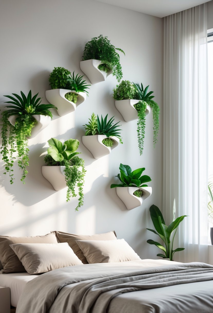 A bedroom with a bed and sculptural wall-mounted planters holding green plants arranged on the wall above it.