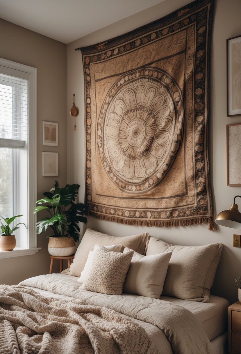 A bedroom with a vintage tapestry hanging above the bed, soft bedding, pillows, a knitted throw, and natural light coming through a window.