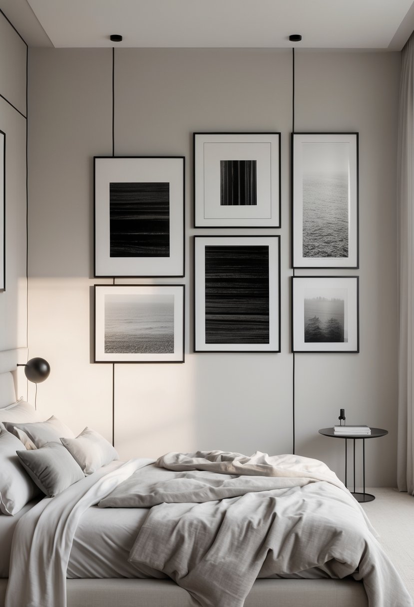 A bedroom with a bed and minimalist black and white framed prints hanging on the wall above it.