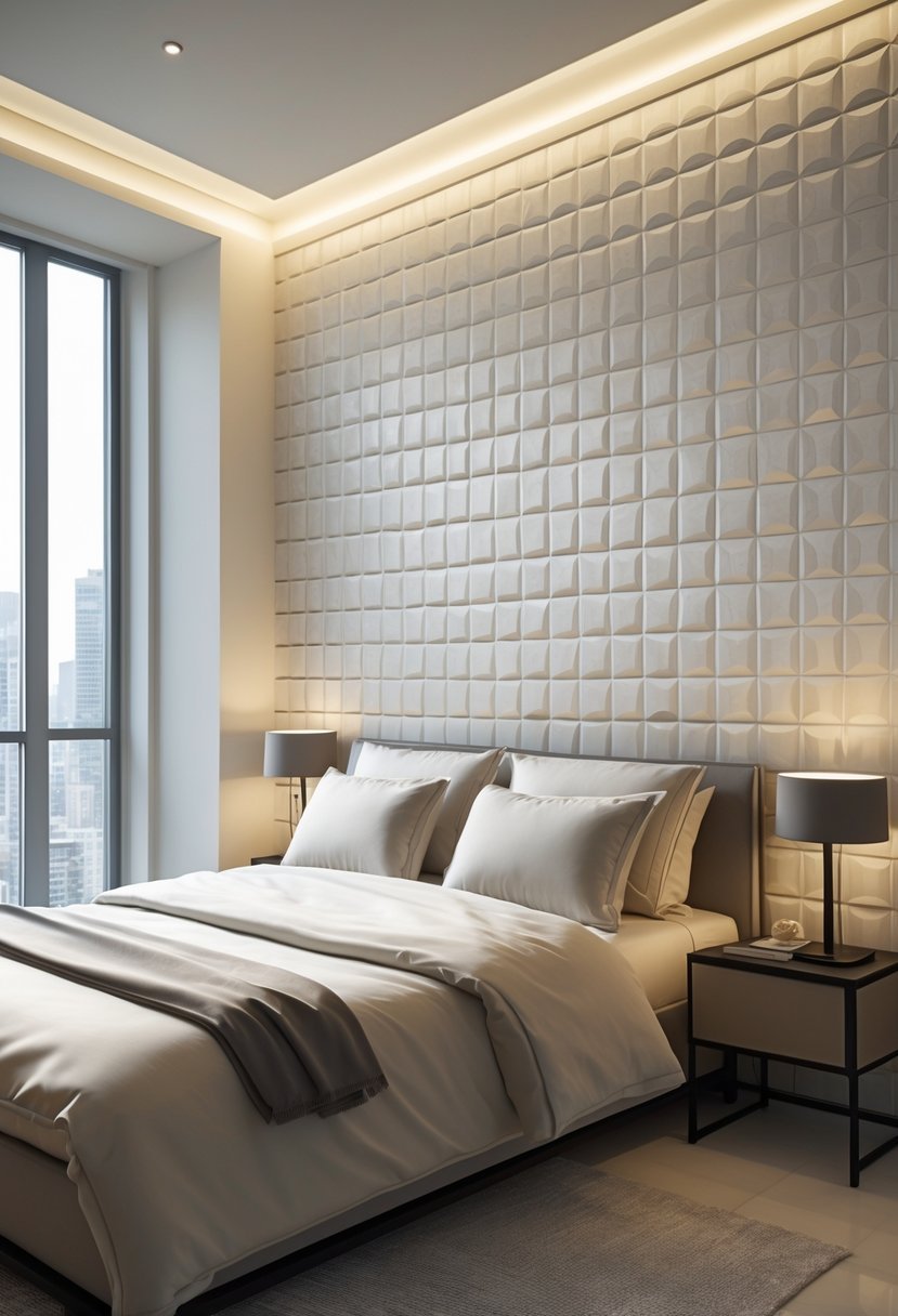 A bedroom with a textured 3D patterned wall behind a neatly made bed and a bedside table with a lamp.