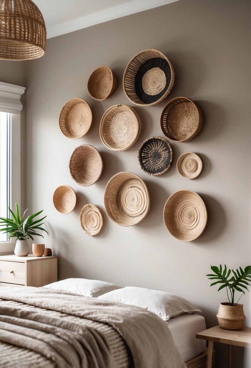 A bedroom wall decorated with an arrangement of woven baskets above a bed with cozy linens and a wooden nightstand with a plant.