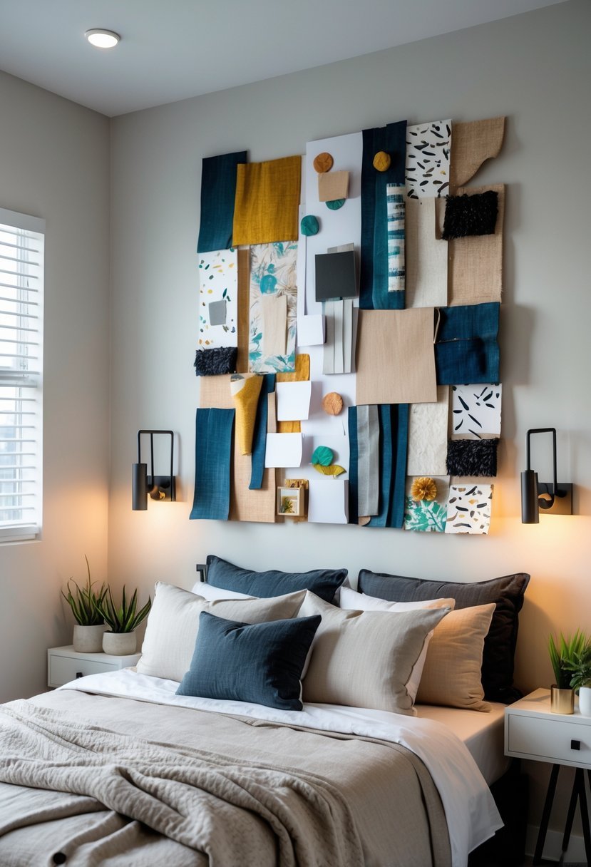 A bedroom with a bed and a mixed media collage art display on the wall above it, featuring various textures and colors.