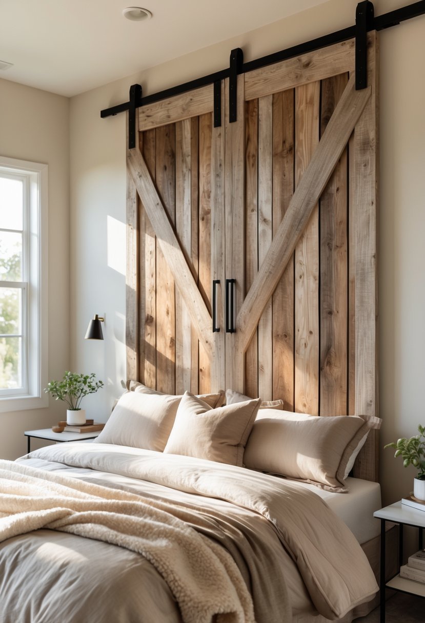 A bedroom with a large wooden barn door-style wall feature behind a bed with neutral bedding and soft natural light.