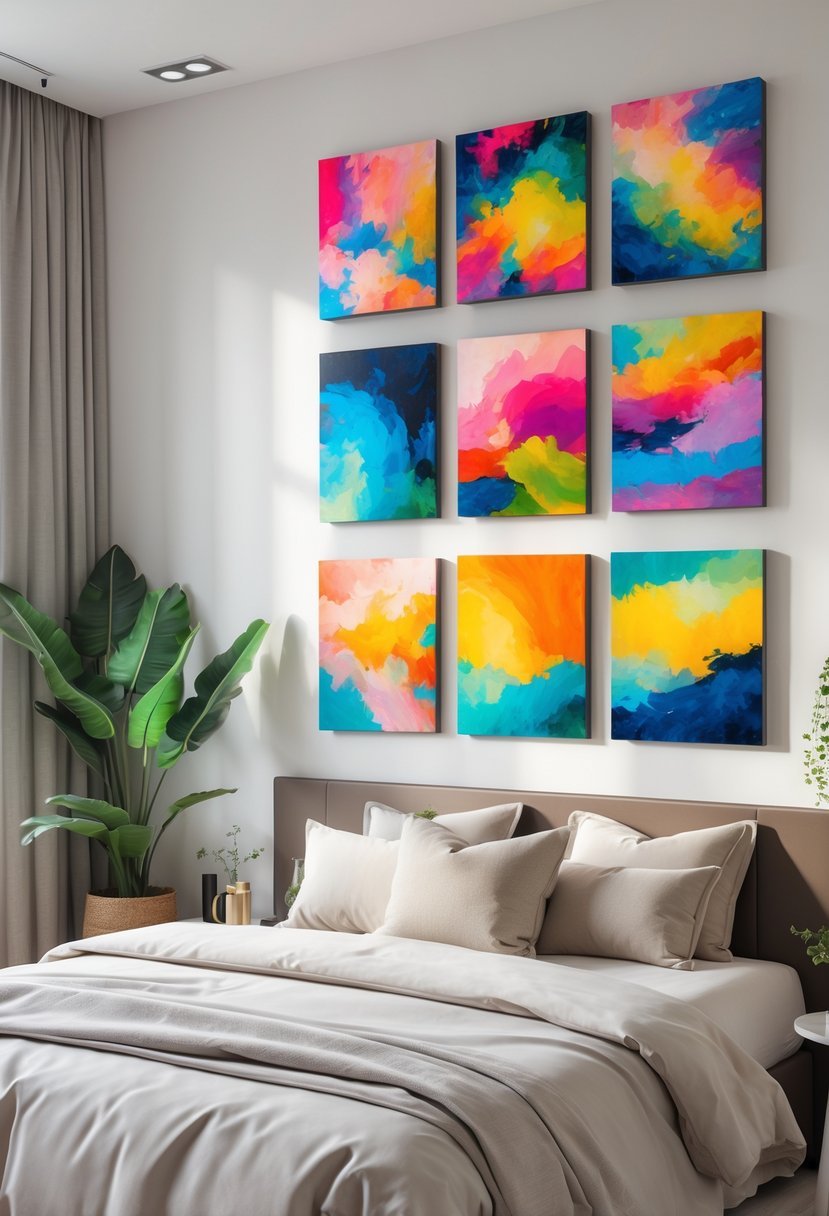 A bedroom with a neatly made bed and colorful abstract paintings hanging on the wall above it.